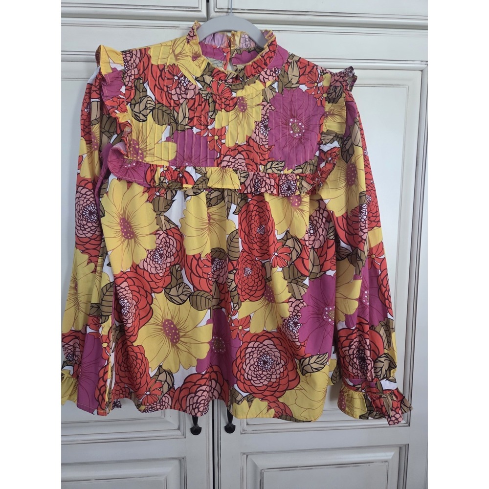 Thml Floral Flower Power Shirt Women's Small Ruffled Blouse Groovy‎ 70s Vibe